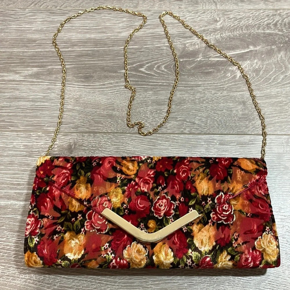 Nina Velvet Floral Rose Clutch Gold Accents Removable Chain Strap - Picture 1 of 14
